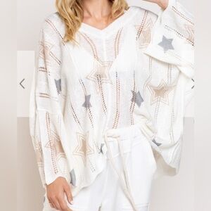 POL Stars Oversized Sweater Cream w/ Beige & Silver Stars Knit Sweater-Medium